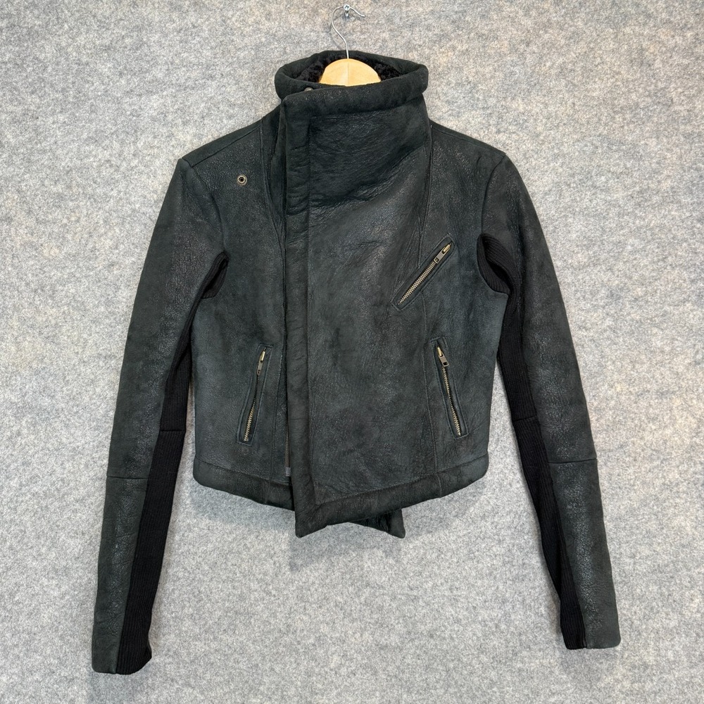 Veda 100% Shearling Leather Fur Moto Jacket Womens Small Motorcycle Designer Zip - Picture 5 of 16
